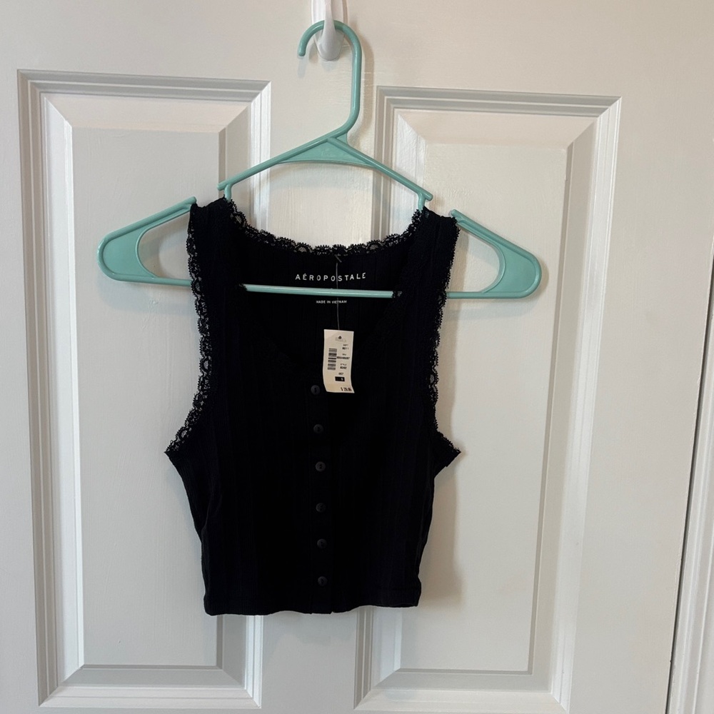 Aeropostale Black Button-Up Tank with Lace